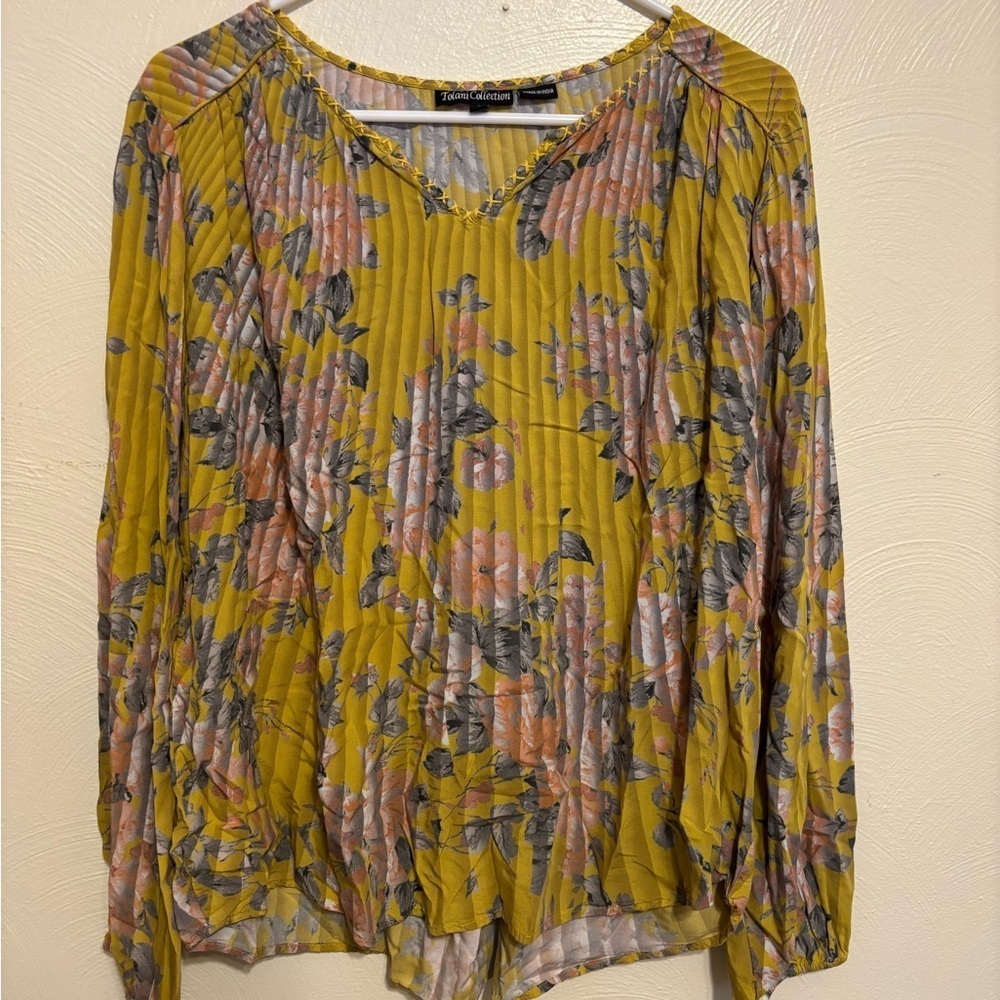 Tolani Collection Mustard Yellow Floral Boho Blouse Size L